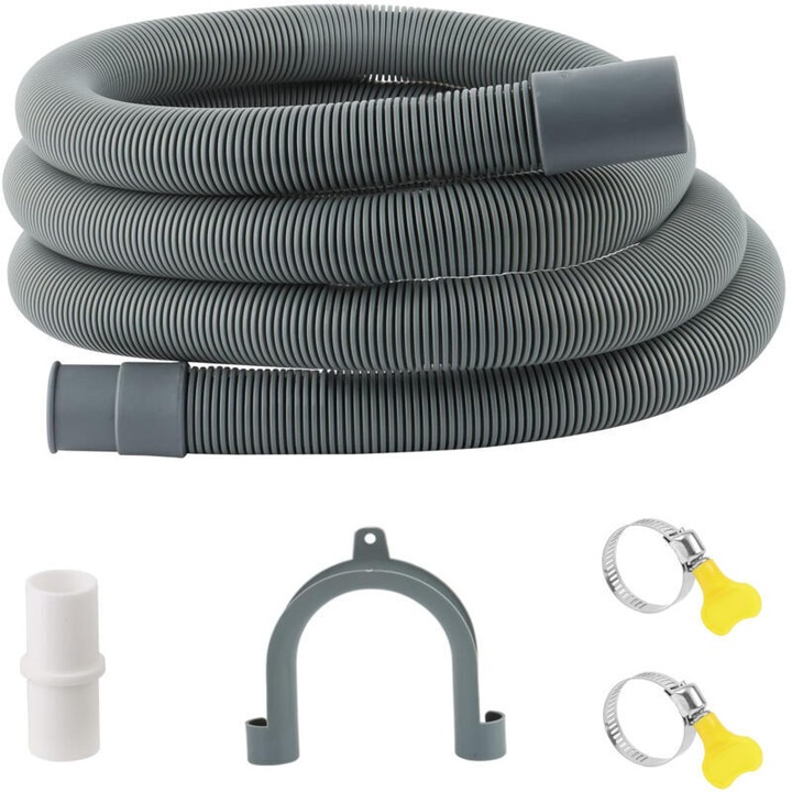 Furtun de scurgere/extensie pentru masina de spalat, polipropilena, 1 m, diametru interior 2,4 cm (adaptor 20 mm), flexibil, include 2 coliere inox si suport U, gri, 1 buc.