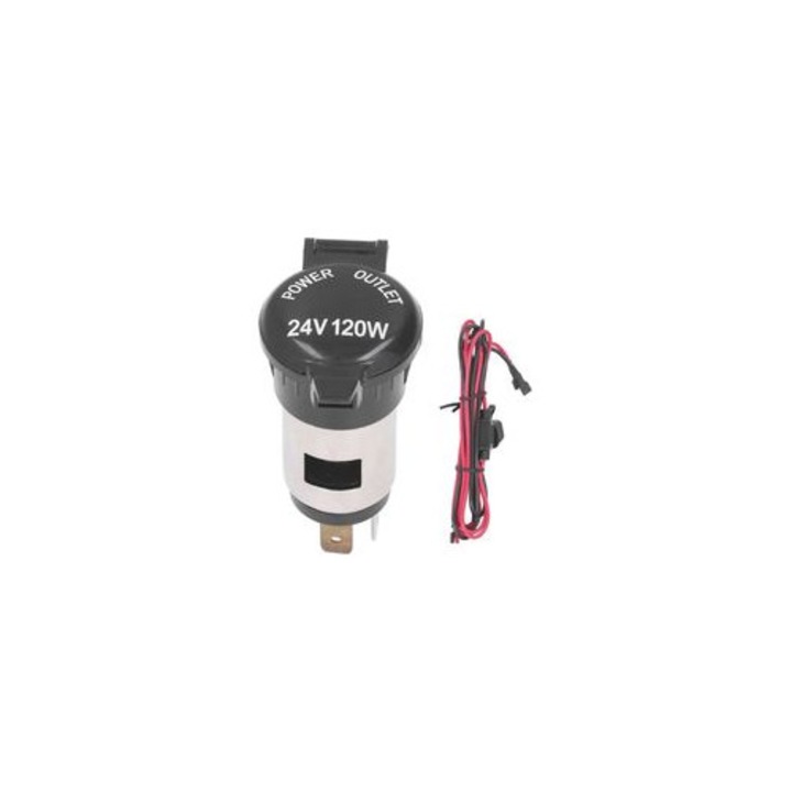 Priza allume-cigara adaptor bricheta universal 0-24V 120W 20A, cu capac etans antipraf, plastic si metal, negru/argintiu, 1 buc