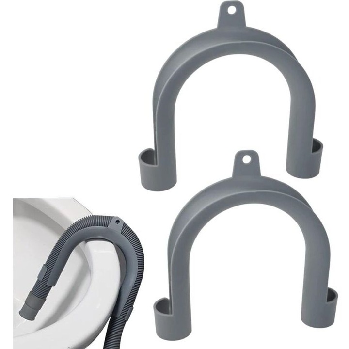 Set 2 bucati, Suport pentru furtun de evacuare masina de spalat universal, din plastic ABS durabil, forma in U 180°, pentru diametru exterior 24-26 mm, gri