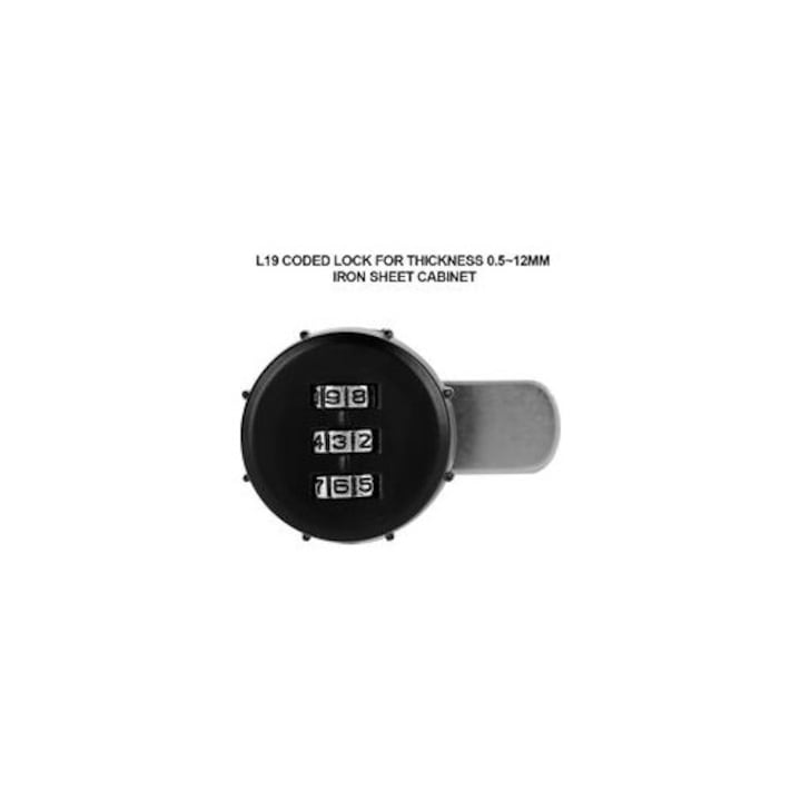 Lacat cu cifru/incuietoare cod L19 din aliaj de zinc, 3 cifre, fara suruburi, usor de instalat, pentru grosimi 0,5-12 mm, negru/argintiu, 1 buc