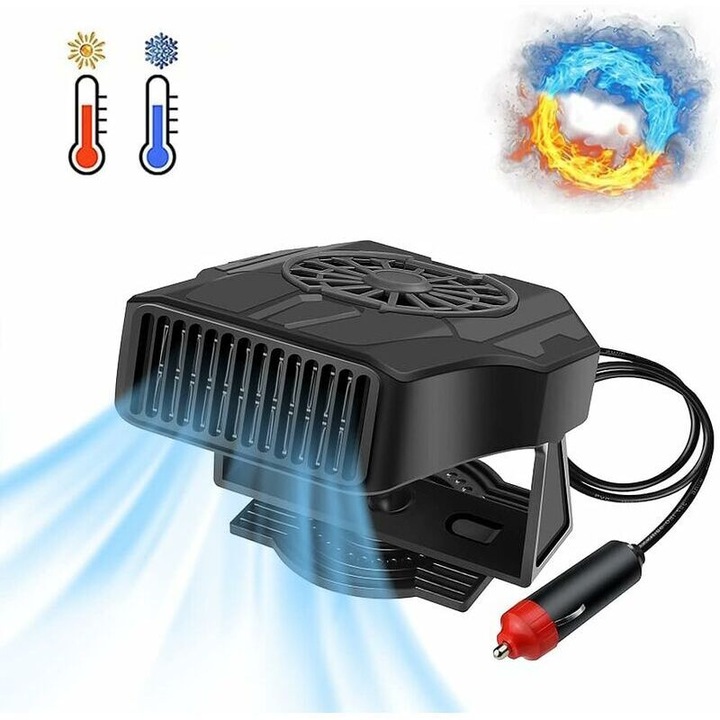 Incalzitor habitaclu auto 2 in 1, ventilator si radiator 12V 200W, pentru dezghetare si demistare parbriz, ABS rezistent la caldura, montare in bricheta, suport rotativ 360°, Negru, 1 buc