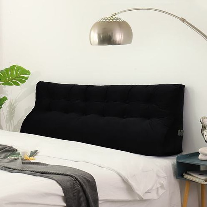 Pillow Palette Velvet támasztópárna, ék alakú, bársony, steppelt, oldalsó zsebekkel, fekete, 180 cm