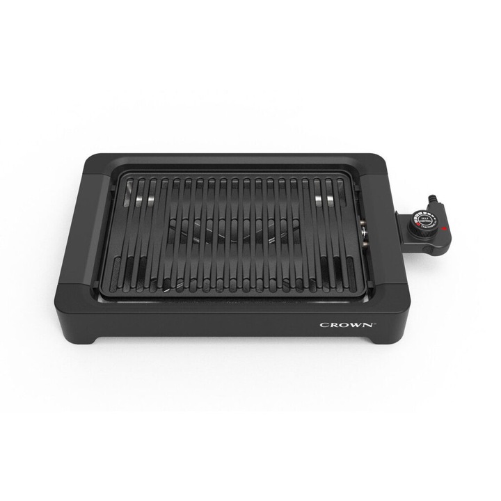 Crown CSG-10W3020 elektromos grill, 1000W, 5 fokozat, termosztát, tapadásmentes bevonat, fekete