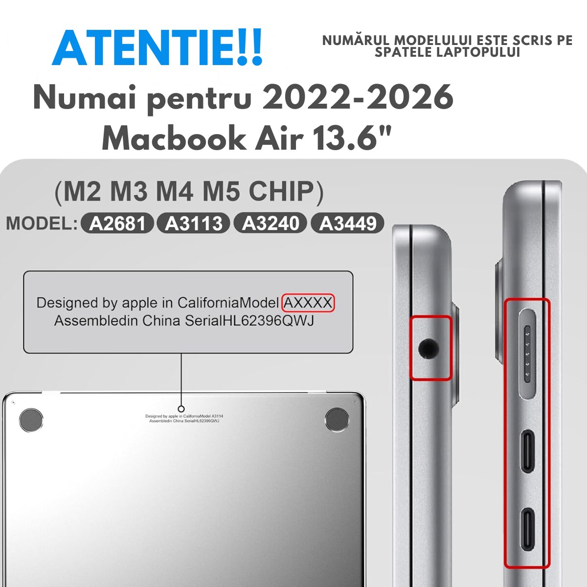 Husa transparenta rigida pentru MacBook Air 13.6", Dasbo®, Protectie Completa, Ventilatie Avansata, Ultra Slim, (2022-2026), Compatibila M2/M3/M4/M5, Modele A2681/A3113/A3240/A3449, Protectie 360, Semi-transparenta, Gri