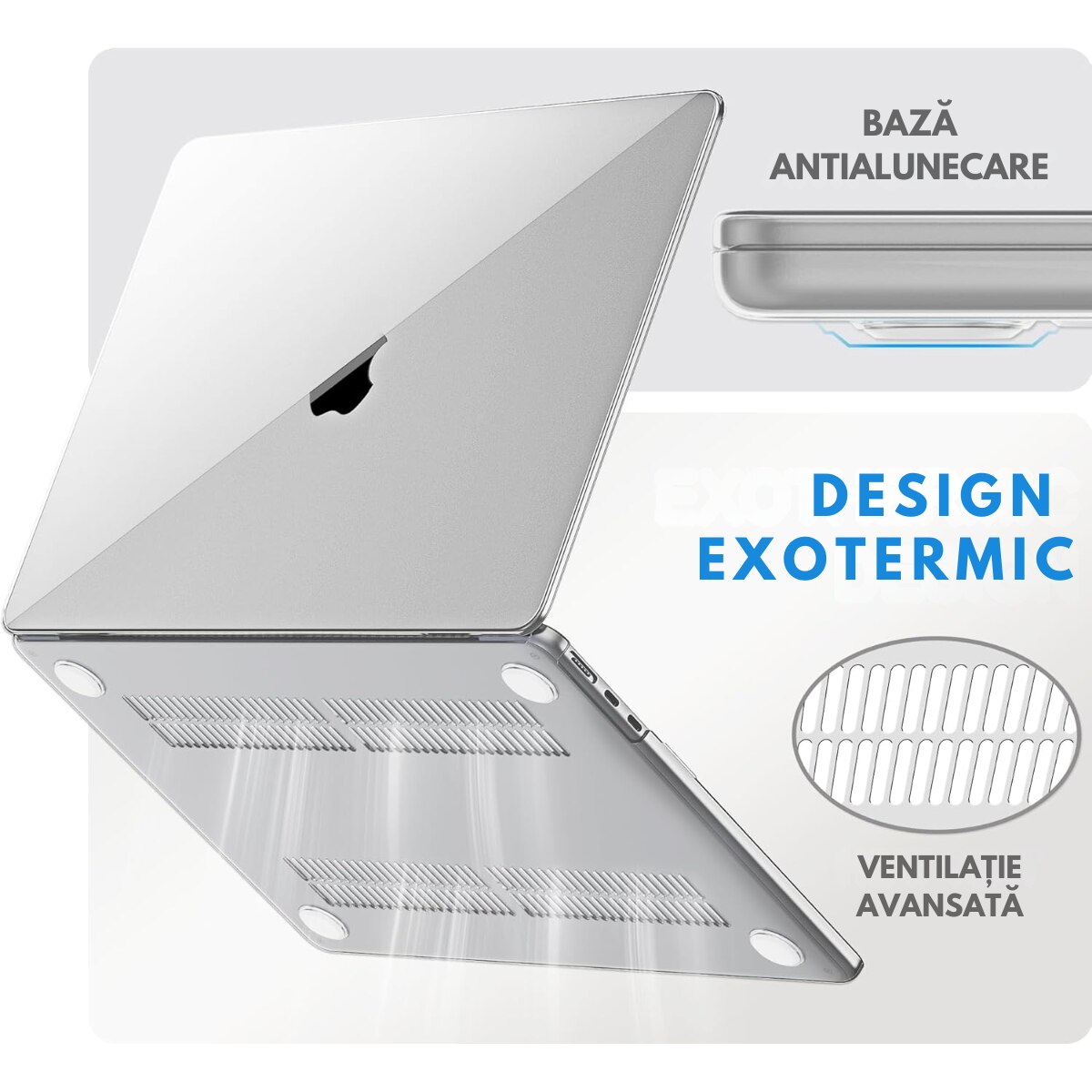 Husa transparenta rigida pentru MacBook Air 13.6", Dasbo®, Protectie Completa, Ventilatie Avansata, Ultra Slim, (2022-2026), Compatibila M2/M3/M4/M5, Modele A2681/A3113/A3240/A3449, Protectie 360, Semi-transparenta, Gri