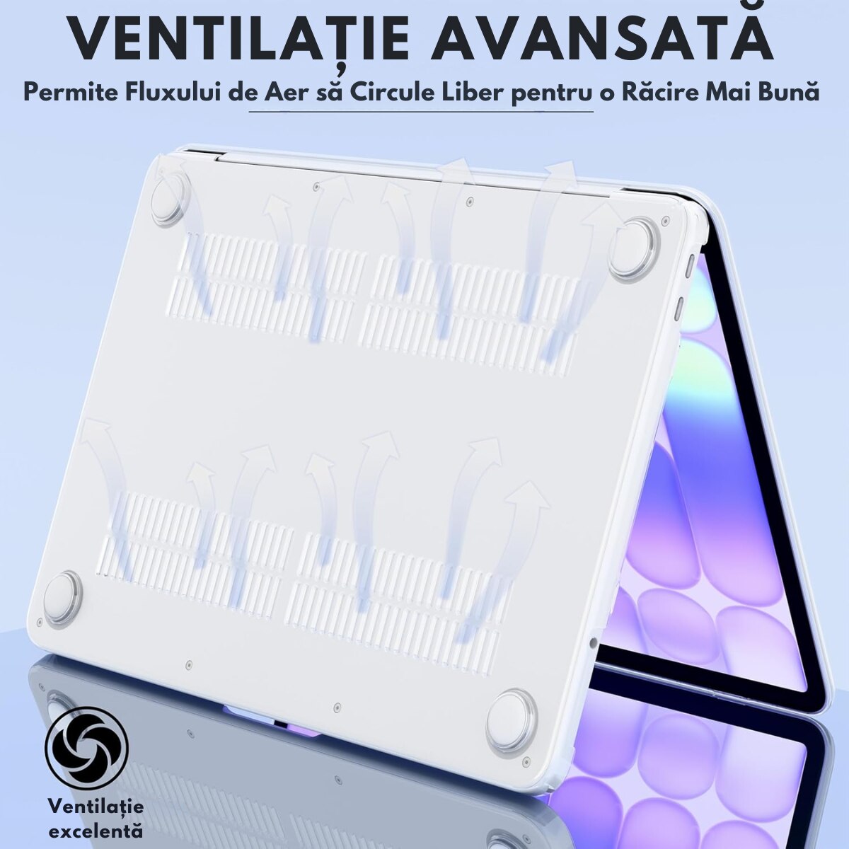 Husa transparenta rigida pentru MacBook Air 13.6", Dasbo®, Protectie Completa, Ventilatie Avansata, Ultra Slim, (2022-2026), Compatibila M2/M3/M4/M5, Modele A2681/A3113/A3240/A3449, Protectie 360, Semi-transparenta, Gri