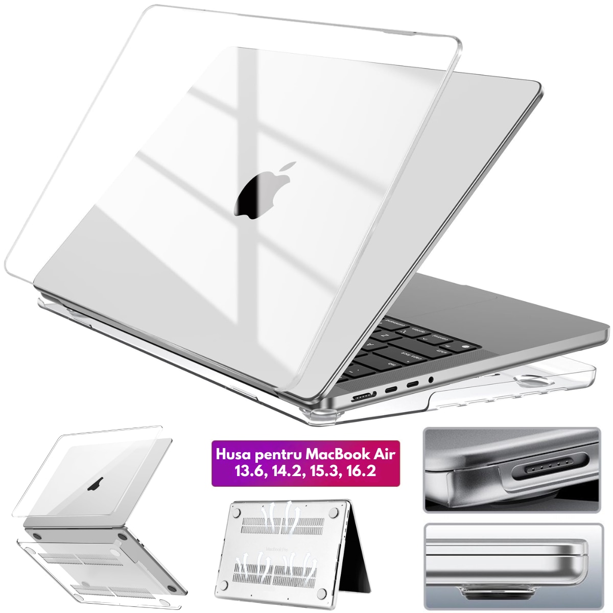 Husa transparenta rigida pentru MacBook Air 13.6", Dasbo®, Protectie Completa, Ventilatie Avansata, Ultra Slim, (2022-2026), Compatibila M2/M3/M4/M5, Modele A2681/A3113/A3240/A3449, Protectie 360, Semi-transparenta, Gri