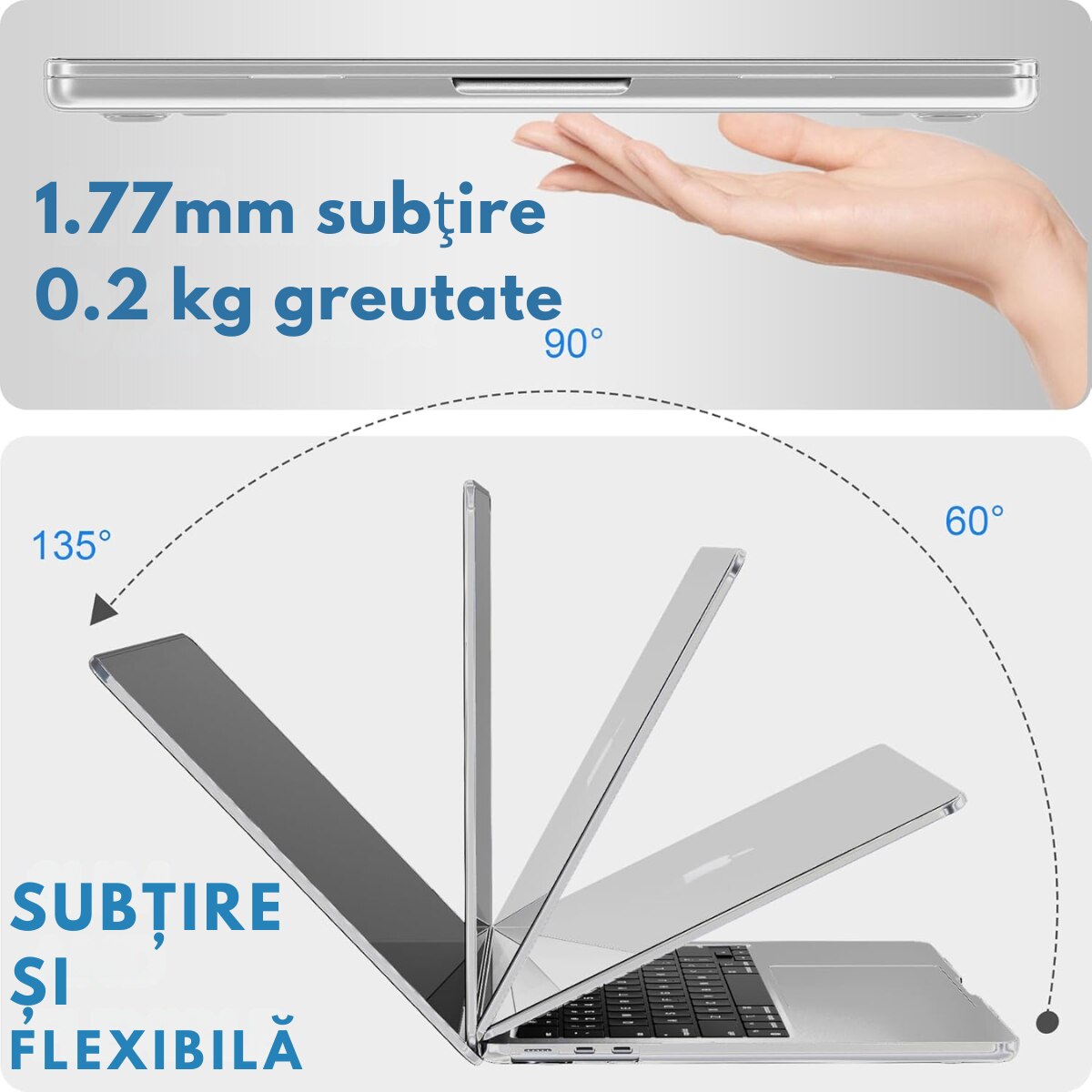Husa transparenta rigida pentru MacBook Air 13.6", Dasbo®, Protectie Completa, Ventilatie Avansata, Ultra Slim, (2022-2026), Compatibila M2/M3/M4/M5, Modele A2681/A3113/A3240/A3449, Protectie 360, Semi-transparenta, Gri