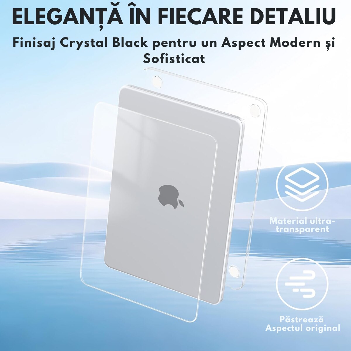 Husa transparenta rigida pentru MacBook Air 13.6", Dasbo®, Protectie Completa, Ventilatie Avansata, Ultra Slim, (2022-2026), Compatibila M2/M3/M4/M5, Modele A2681/A3113/A3240/A3449, Protectie 360, Semi-transparenta, Gri