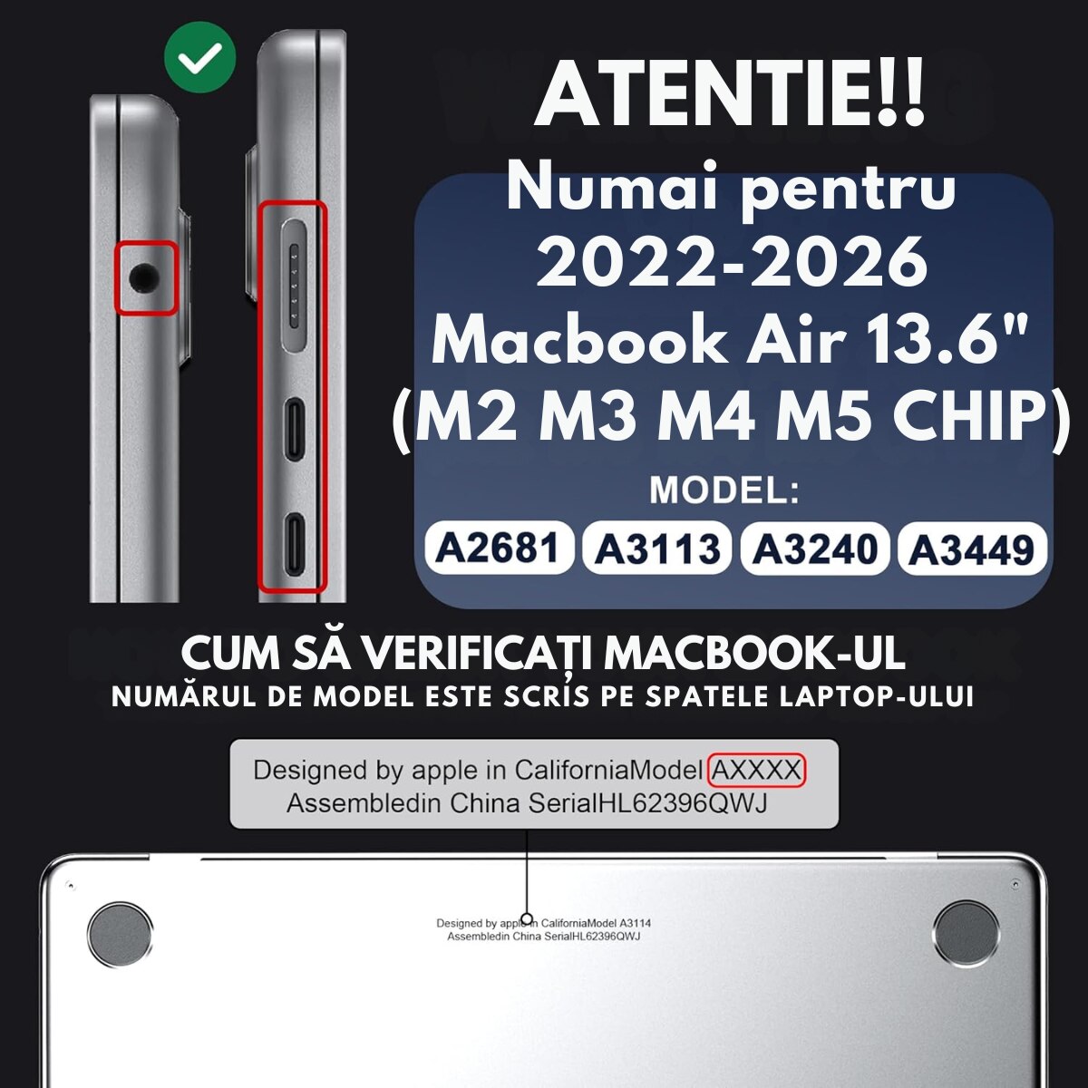 Husa transparenta rigida pentru MacBook Air 13.6", Dasbo®, Protectie Completa, Ventilatie Avansata, Ultra Slim, (2022-2026), Compatibila M2/M3/M4/M5, Modele A2681/A3113/A3240/A3449, Protectie 360, Semi-transparenta, Negru