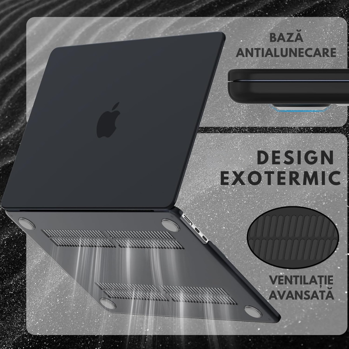 Husa transparenta rigida pentru MacBook Air 13.6", Dasbo®, Protectie Completa, Ventilatie Avansata, Ultra Slim, (2022-2026), Compatibila M2/M3/M4/M5, Modele A2681/A3113/A3240/A3449, Protectie 360, Semi-transparenta, Negru