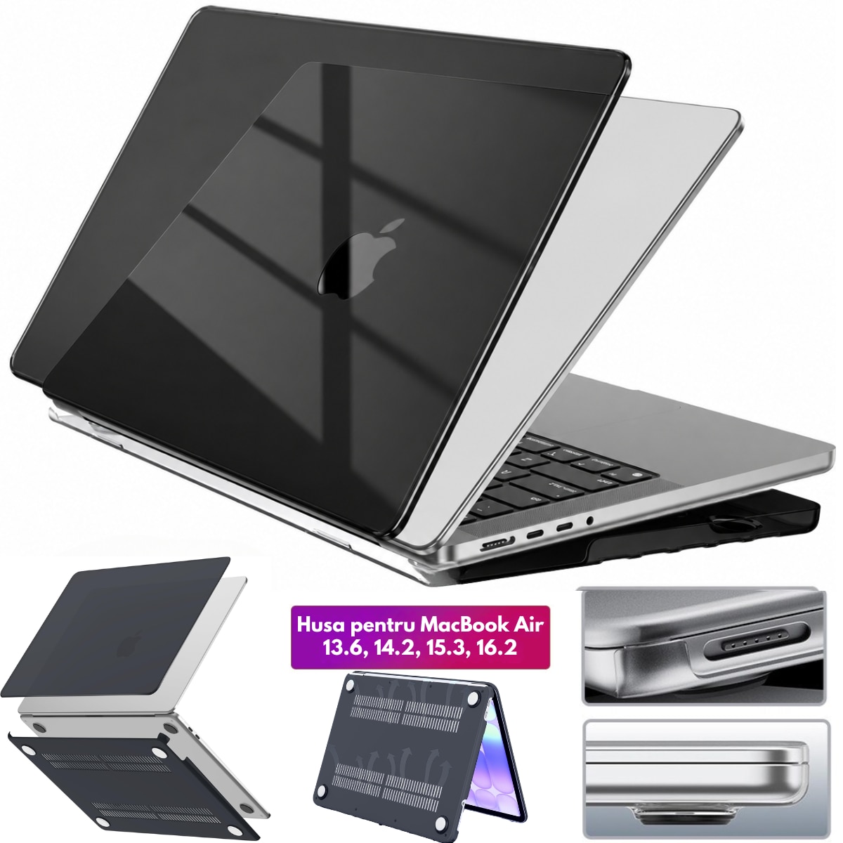 Husa transparenta rigida pentru MacBook Air 13.6", Dasbo®, Protectie Completa, Ventilatie Avansata, Ultra Slim, (2022-2026), Compatibila M2/M3/M4/M5, Modele A2681/A3113/A3240/A3449, Protectie 360, Semi-transparenta, Negru