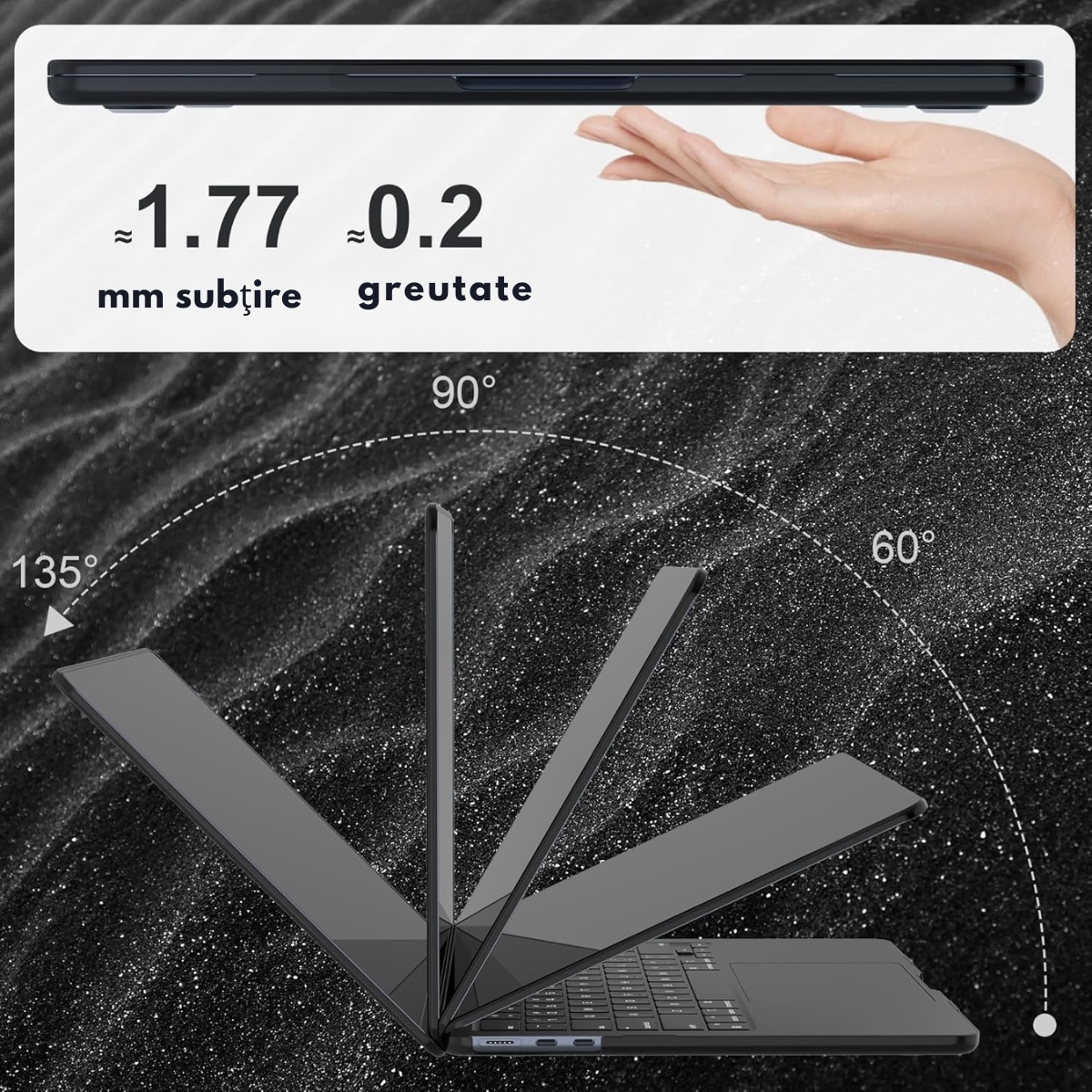 Husa transparenta rigida pentru MacBook Air 13.6", Dasbo®, Protectie Completa, Ventilatie Avansata, Ultra Slim, (2022-2026), Compatibila M2/M3/M4/M5, Modele A2681/A3113/A3240/A3449, Protectie 360, Semi-transparenta, Negru