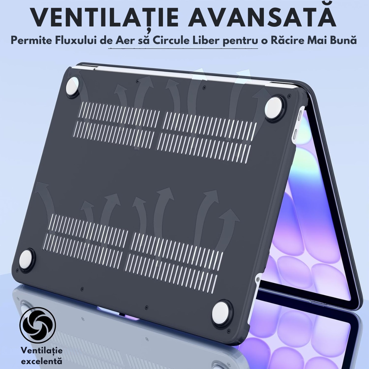 Husa transparenta rigida pentru MacBook Air 13.6", Dasbo®, Protectie Completa, Ventilatie Avansata, Ultra Slim, (2022-2026), Compatibila M2/M3/M4/M5, Modele A2681/A3113/A3240/A3449, Protectie 360, Semi-transparenta, Negru