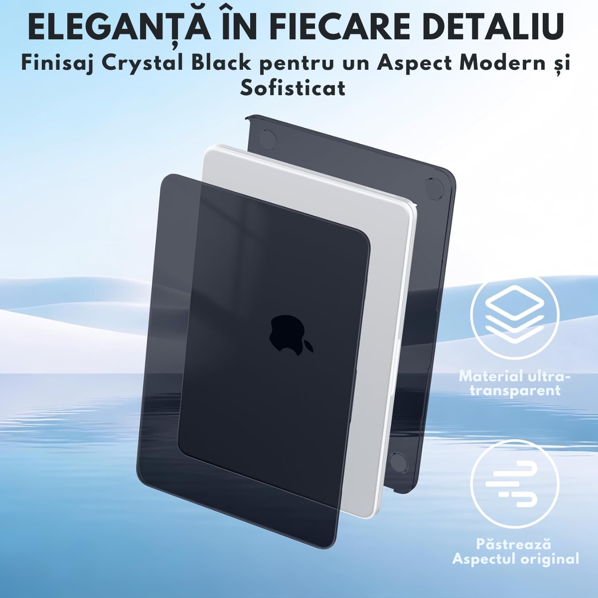 Husa transparenta rigida pentru MacBook Air 13.6", Dasbo®, Protectie Completa, Ventilatie Avansata, Ultra Slim, (2022-2026), Compatibila M2/M3/M4/M5, Modele A2681/A3113/A3240/A3449, Protectie 360, Semi-transparenta, Negru