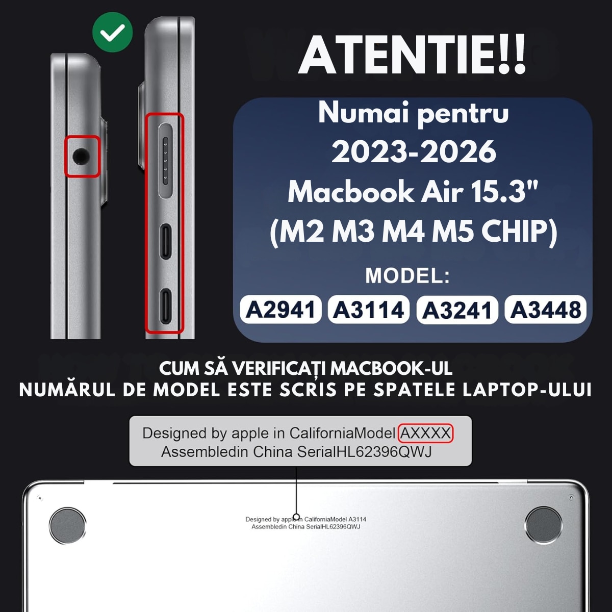 Husa transparenta rigida pentru MacBook Air 15", Dasbo®, Protectie Completa, Ventilatie Avansata, Ultra Slim, (2023-2026), Compatibila M2/M3/M4/M5, Modele A2941, A3114, A3241, A3448, Protectie 360, Semi-transparenta, Negru