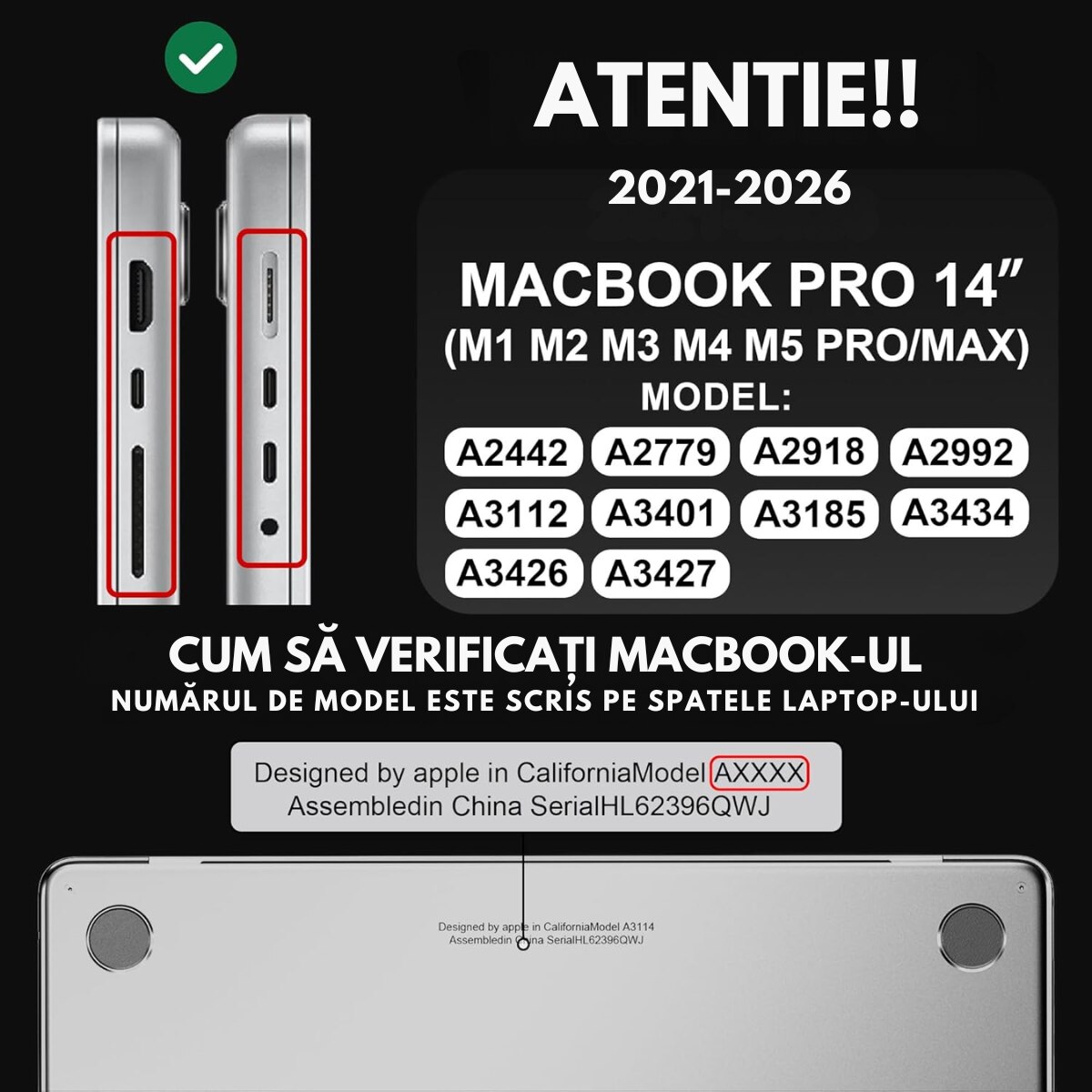 Husa transparenta rigida pentru MacBook Air 14", Dasbo®, Protectie Completa, Ventilatie Avansata, Ultra Slim, (2021-2026), Compatibila M2/M3/M4/M5, Modele A2/A3, Protectie 360, Semi-transparenta, Negru