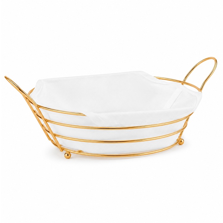 Cos pentru servire paine, metalic, oval, cu husa detasabila textila, 28 x 20 x 10 cm, auriu
