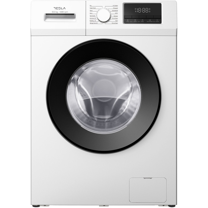 Masina de spalat rufe Tesla WF101461T, 10 kg, 1400 RPM, Clasa A, BLDC Inverter, 16 programe, Smart Wash, Drum Clean, Honeycomb Drum, Delay Start, Adaugare rufe, LED alb, Alb