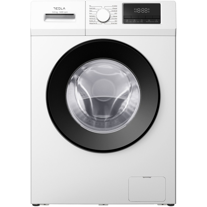 Masina de spalat rufe Tesla WF91461T, 9 kg, 1400 RPM, Clasa A, BLDC Inverter, 16 programe, Smart Wash, Drum Clean, Honeycomb Drum, Delay Start, Adaugare rufe, LED alb, Alb