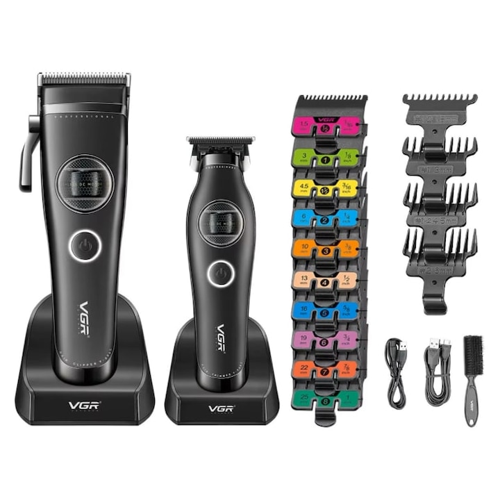Professzionális készlet, Hajvágó gép, Trimmer, VGR, V-880, S2, 10 tartozék, Fekete