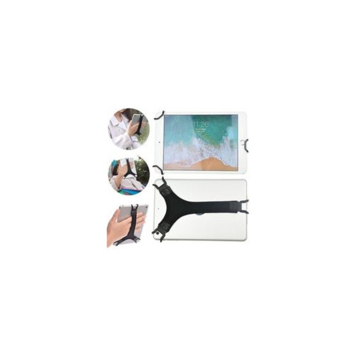 Suport cu dragonne pentru tableta, suport metalic robust, revatuire din plastic moale, compatibil cu tablete cu sau fara husa, negru, 1 buc