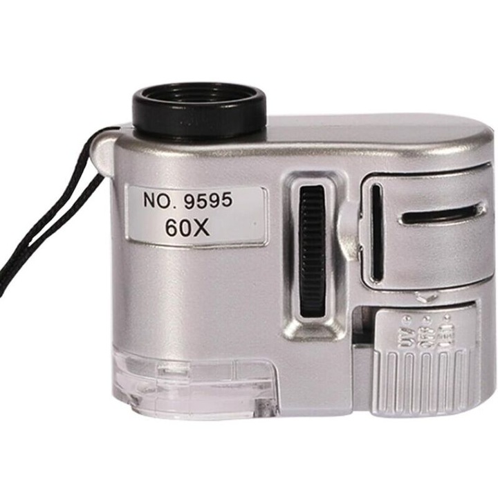 Lupa de buzunar, microscop de mana 60X No. 9595, mini, cu iluminare LED UV si LED normal, cu husa din piele sintetica, argintiu, 1 buc.