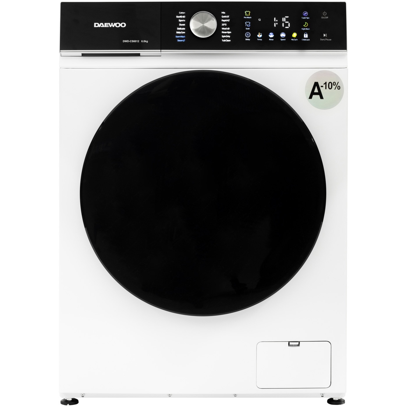 Masina de spalat rufe Daewoo DWD-CS6100,SLIM,motor Inverter,programe curatare intensa si igenizare cu abur ,ecran tactil cu iconite color,6 kg , 1400 rpm, clasa energetica A-10%,dimensiune (59.5 x 41 x 85 cm), culoare Alb