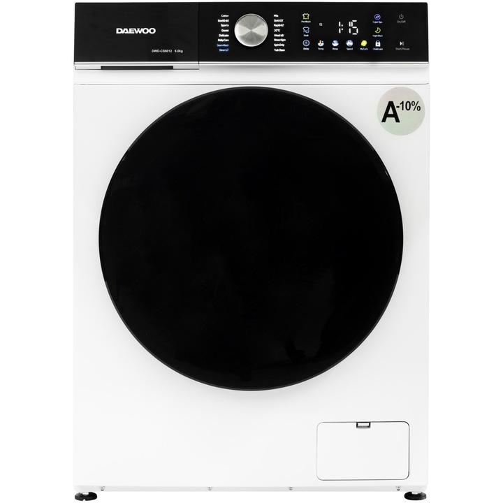 Masina de spalat rufe Daewoo DWD-CS6100,SLIM,motor Inverter,programe curatare intensa si igenizare cu abur ,ecran tactil cu iconite color,6 kg , 1400 rpm, clasa energetica A-10%,dimensiune (59.5 x 41 x 85 cm), culoare Alb