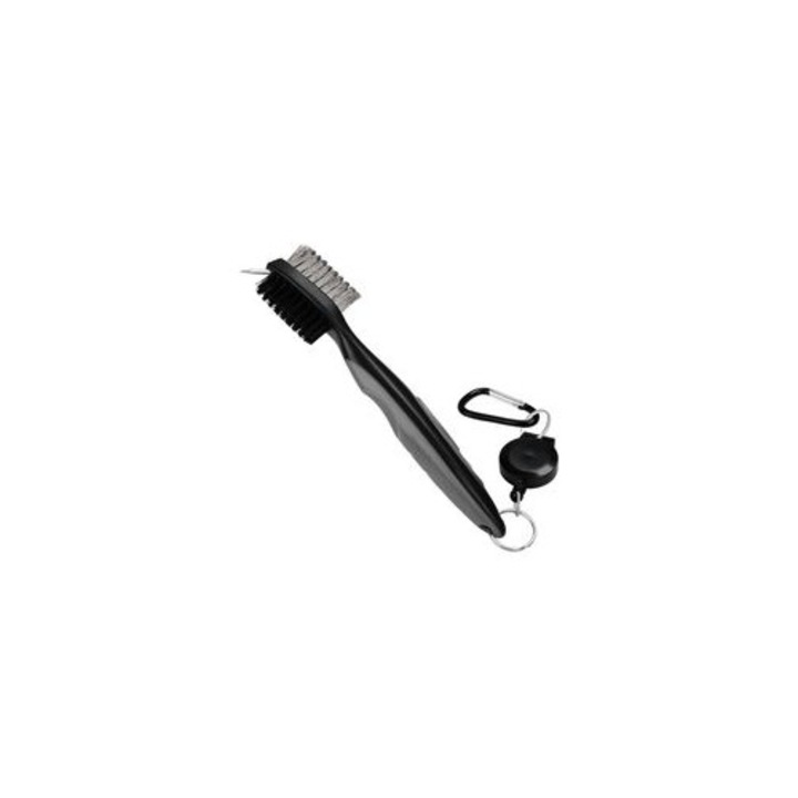 Perie de curatare cluburi de golf cu capete nylon si metal, maner ergonomic din cauciuc, carabinier retractabil, negru/rosu, 20 cm, 1 buc