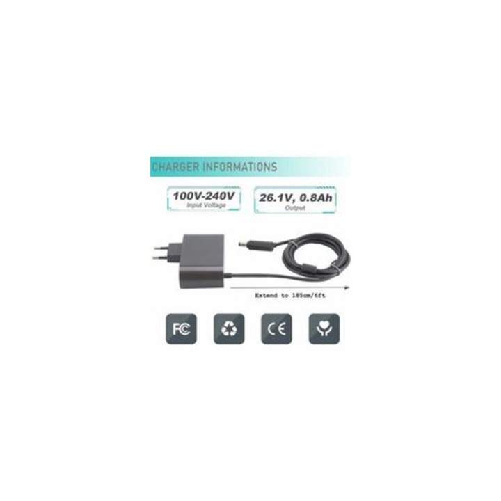 Incarcator adaptor compatibil cu Dyson V6/V7/V8 (DC58/DC59/DC60/DC61/DC62/DC72/DC74/SV03-SV11), intrare 100-240V, iesire 21,6V 0,8A, negru, 1 buc