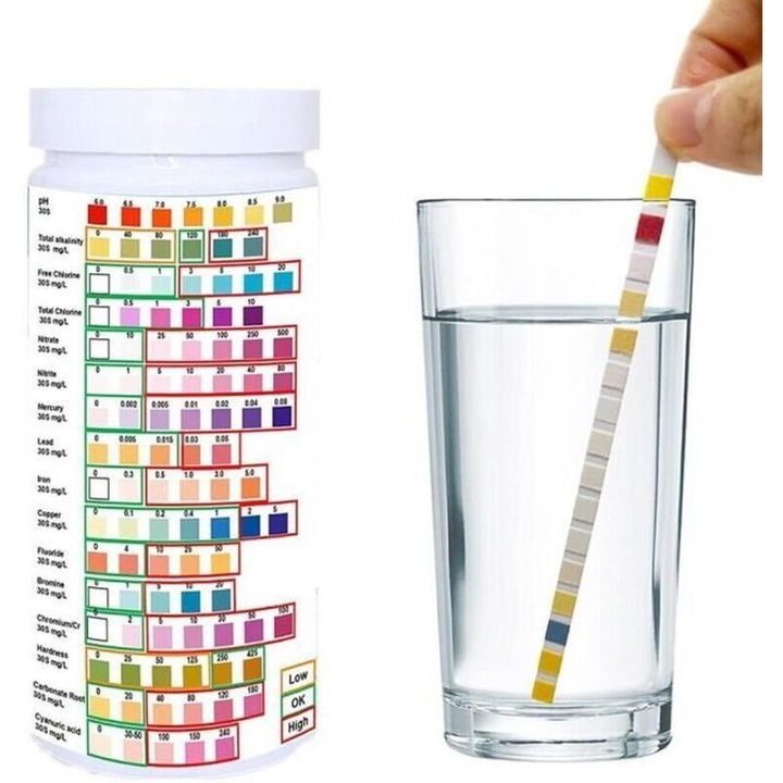 Bandelete de test apa 16 in 1, bandele de testare pentru apa potabila, testeaza 16 parametri (pH, clor, nitrati, plumb), rezultat in 60 s, benzi biodegradabile PLA, Multicolor, 50 buc