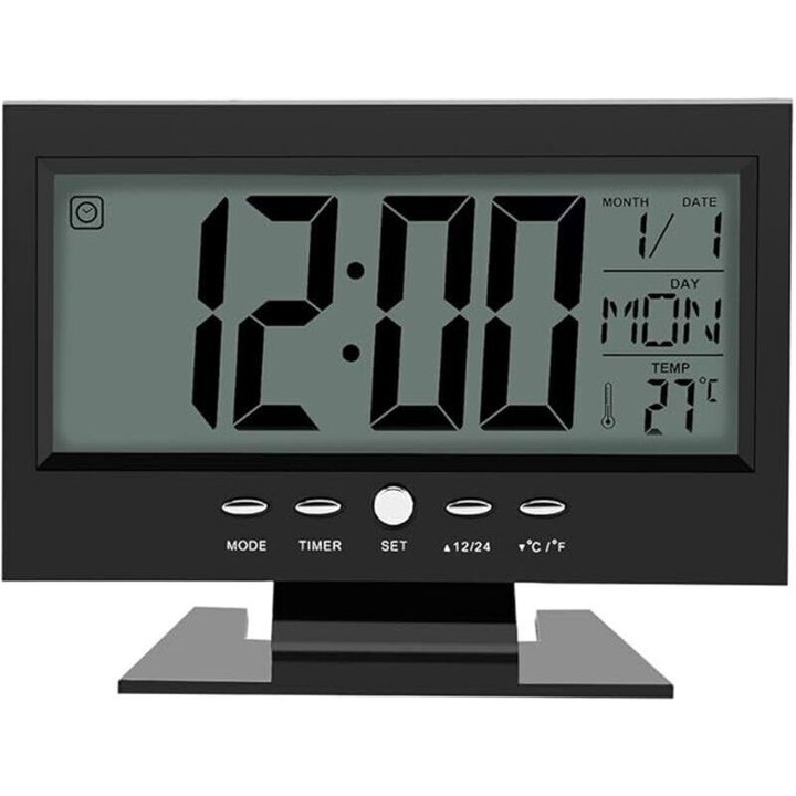 Digitális óra hangérzékelővel, naptárral, hőmérséklet kijelzéssel, fekete, 12x7cm