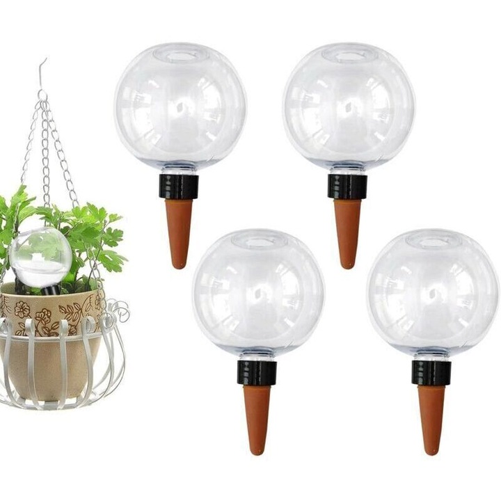Set 4 bile irigare automate 500ml, transparent, ceramica-polypropylen, pentru plante interior-exterior