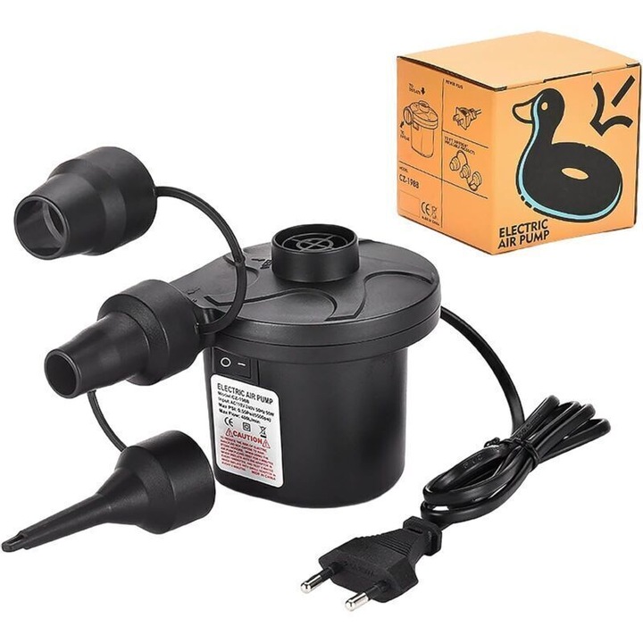 Elektromos légpumpa/felfújó 2 az 1-ben, 3 fúvókával S/M/L, matracokhoz és felfújható játékokhoz, európai csatlakozó, kompakt, fekete, 1 db