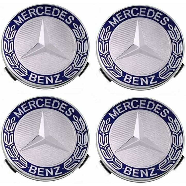 Mercedes-Benz kompatibilis kerékközép kupakok/felniközép kupakok 75 mm, ABS műanyagból, egyszerű szerelés és stabil rögzítés, kék, 4 darab