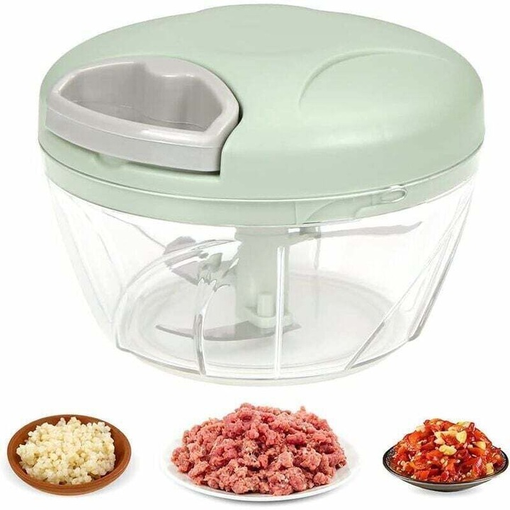 Tocator manual pentru legume, tocator de mana cu 3 lame din otel inoxidabil, recipient din ABS de calitate alimentara, cu cordon de tractiune, verde deschis, 520 ml