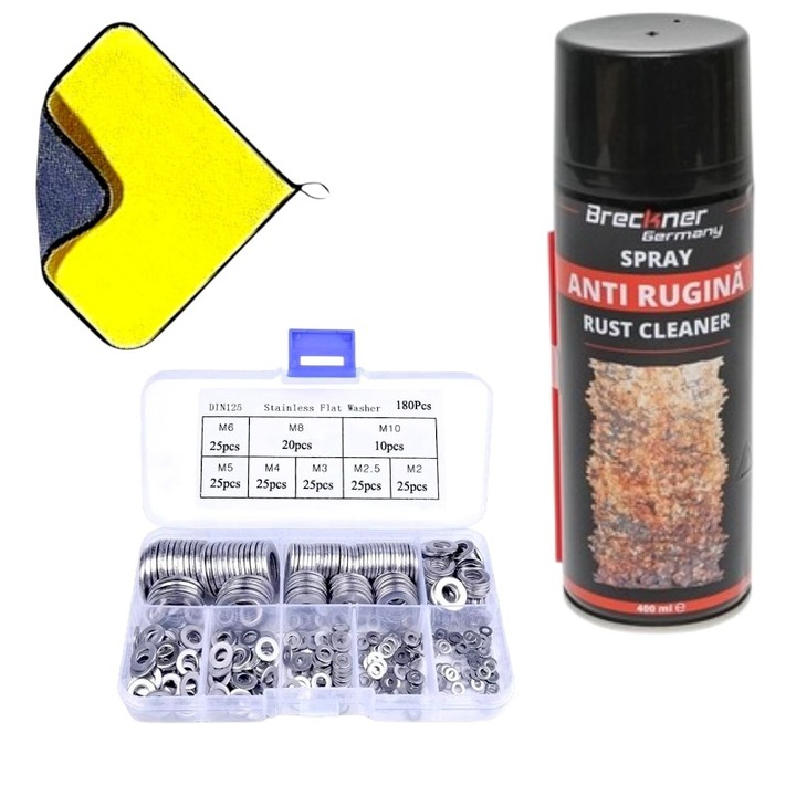 Set 180 saibe plate, otel inoxidabil, standard DIN125, gama M2-M10. 8 variante - M2/M2.5/M3/M4/M5/M6/M8/M10 -, rezistenta la coroziune, pot fi utilizate in mediu umed, uz casnic/profesional si Spray tehnic anti rugina, 400 ml cu Laveta micro fibra, 2 fete