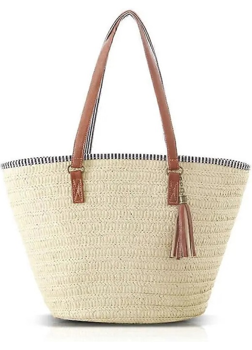 Szalma táska, strandtáska, bojtos és textil béléssel, műbőr fogantyúkkal, krémszínű, 46 x 15 x 31 cm