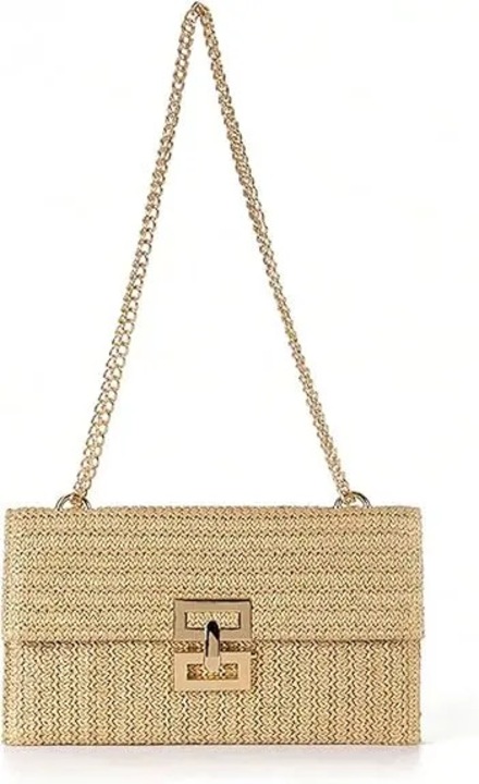 Kézzel készített szalmakézitáska/clutch, fém lánccal és nylon béléssel, 3 belső zseb, 29x3x18 cm, Bézs