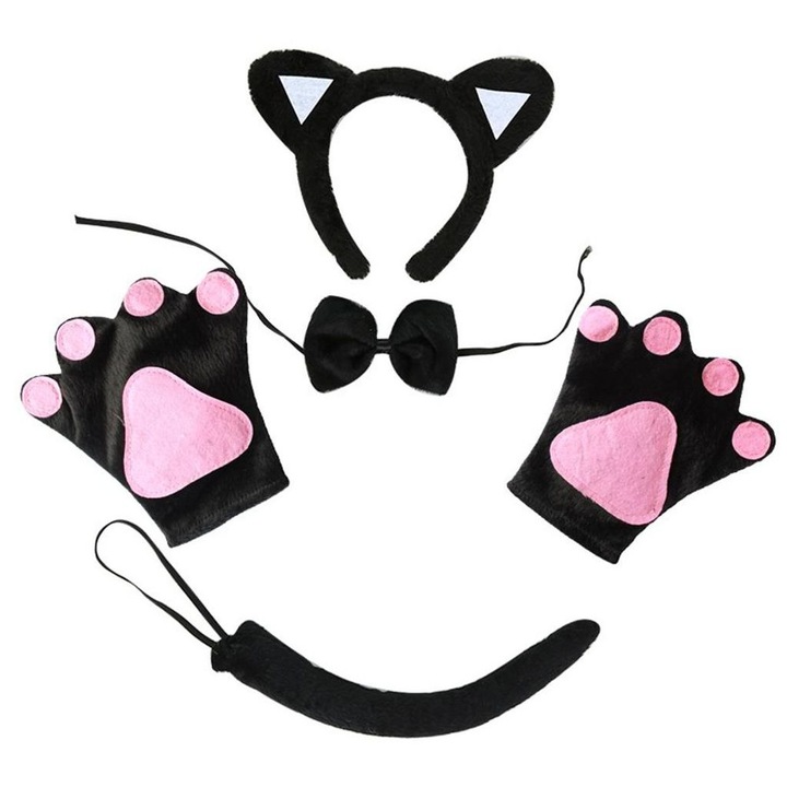 Set costum pisica 5 piese urechi fundita coada manusi negre universal