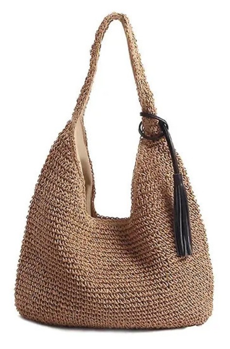 Kézzel készített, természetes szalma válltáska/tote táska, fekete bojtos és fonott fogantyúval, retro boho, barna, 30x28 cm