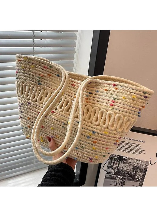 Geanta de plaja, poseta din paie impletita cu franjuri, cu fermoar si captuseala din bumbac, manere din piele PU, multicolor, 49 x 35 x 15 cm