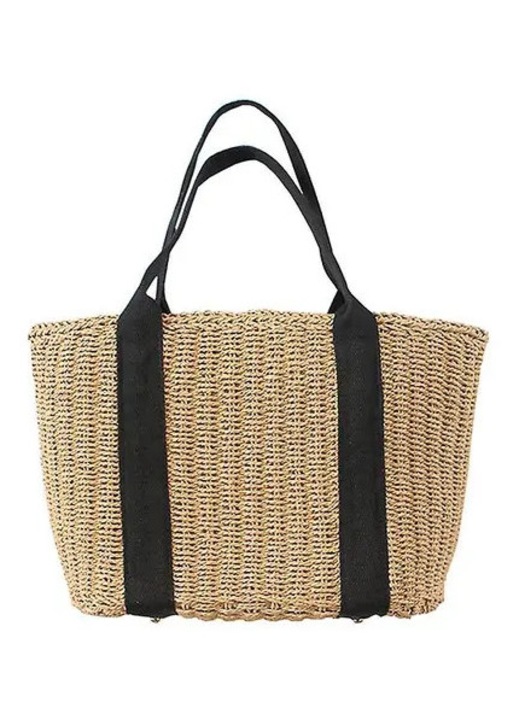 Geanta de plaja din paie, handmade, capacitate mare, bej, 40x30x24cm