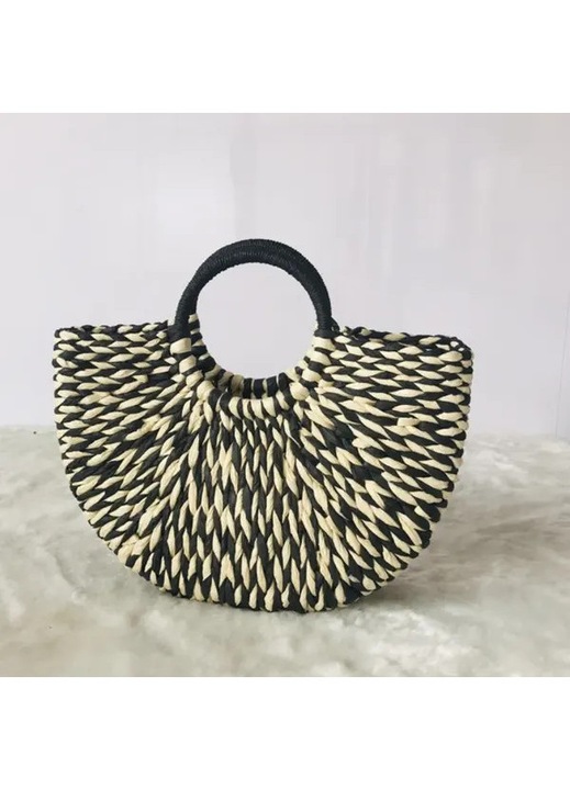Rattan kézitáska/strandtáska, félkör alakú, kézzel készített, retro, fekete/fehér, 40x12x35 cm