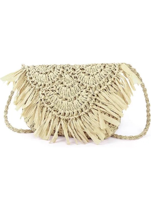 Kézzel fonott szalma crossbody táska/kézitáska, bojtos és cipzáras, Bézs, 27x16 cm