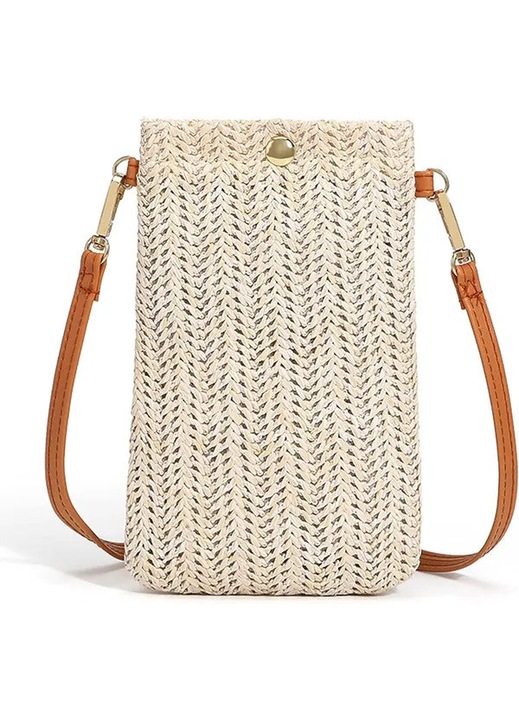 Szintetikus PVC crossbody táska/kézitáska szalma megjelenéssel, vízálló, könnyen tisztítható, mágneses záródás, bézs/barna