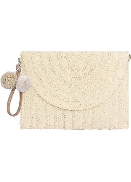 Fonott raffia borítéktáska, cipzáras clutch csuklópánttal, bézs