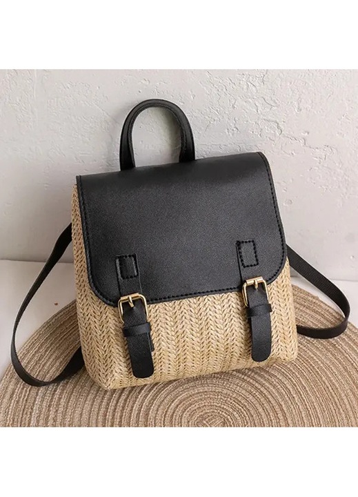 Rattan fonott mini hátizsák/táska műbőr fedéllel, állítható pántokkal és rövid fogantyúval, Model 02173, Fekete/Natúr, Egy méret