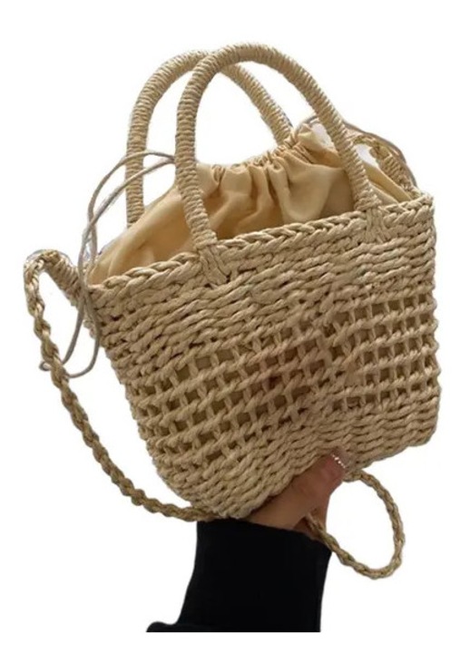Válltáska, fonott szalma bucket táska, mini könnyű, húzózsinóros záródással, kézitáskaként/válltáskaként/crossbody táskaként hordható, natúr/bézs, 15x16x7 cm